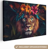 Canvas schilderij 180x120 cm - Wanddecoratie Leeuw - Bloemen - Bladeren - Dieren - Kleurrijk - Muurdecoratie woonkamer - Slaapkamer decoratie - Kamer accessoires - Schilderijen