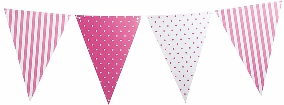 Lichtroze vlaggenlijn / slinger met stippen en strepen 3,6 m - Papier feestartikelen/versieringen