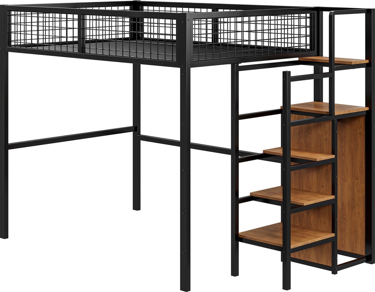 Merax Hoogslaper 140x200 met Ladder - Kinderbed met IJzeren Frame en Opbergrek - Zwart