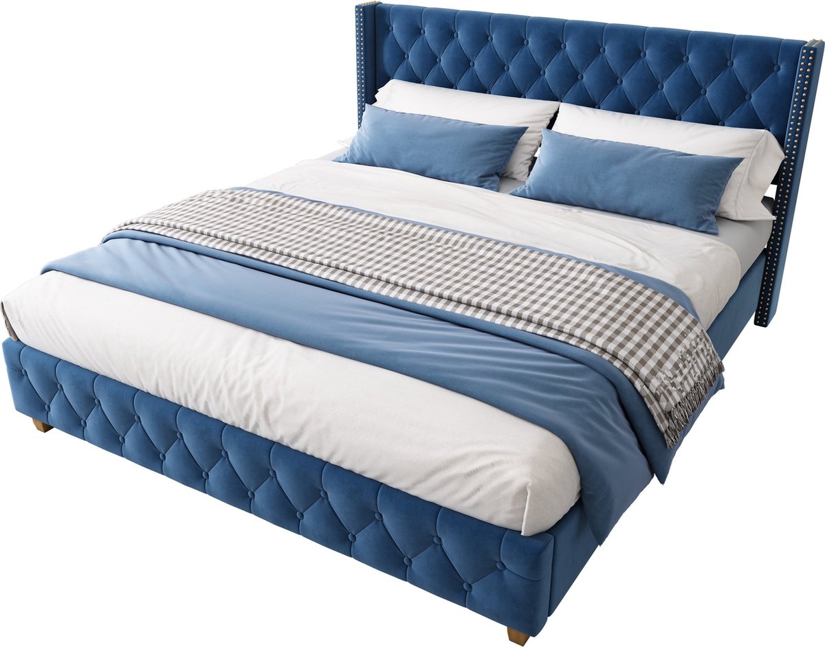 Merax Tweepersoonsbed 160x200 cm – Blauw Velvet – Queensize Bedframe met Lattenbodem