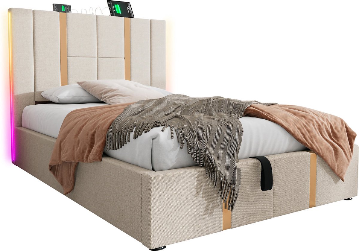 Merax Gestoffeerd Bed met USB Type - C Oplaadfunctie - APP - Control LED Verlichting - Opbergruimte - Inclusief Matras - 90x200 cm - Beige Linnen - Houten Lattenbodem
