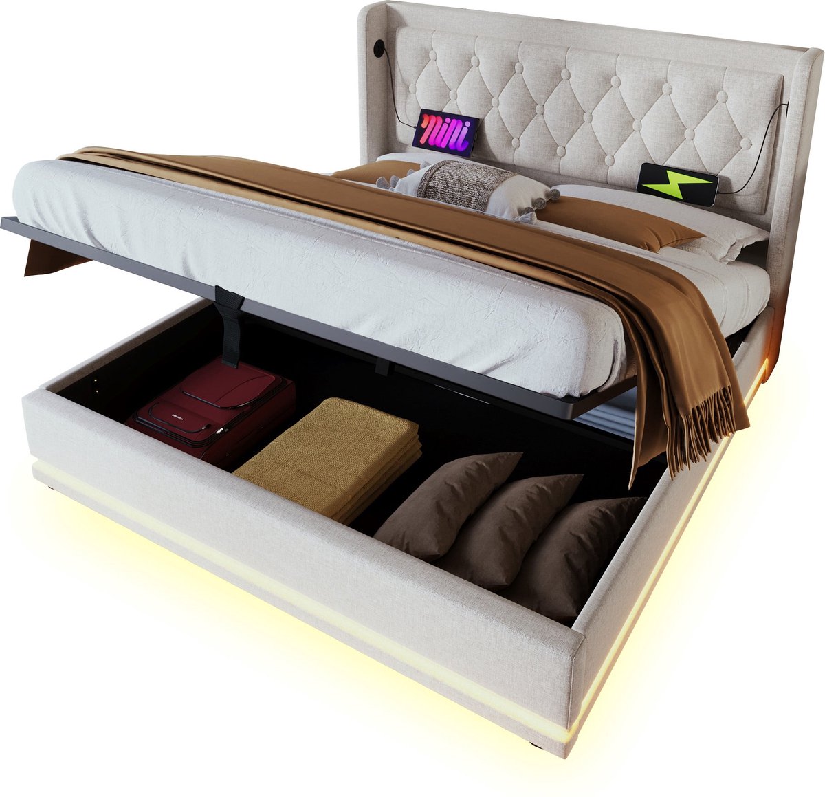 Merax Gestoffeerd Tweepersoonsbed 180x200 cm – Beige – Hydraulisch Opbergbed met USB en Type-C Oplaadfunctie – LED Verlichting – Hoofdbord met Knopen