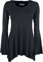 Zwarte hoodie met lange, wijde trompetmouwen en een asymmetrische zoom.