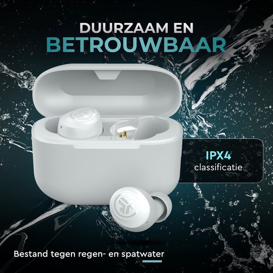 Witte oordopjes met oplaadcase. Duurzaam en betrouwbaar. IPX4 classificatie, bestand tegen regen- en spatwater.