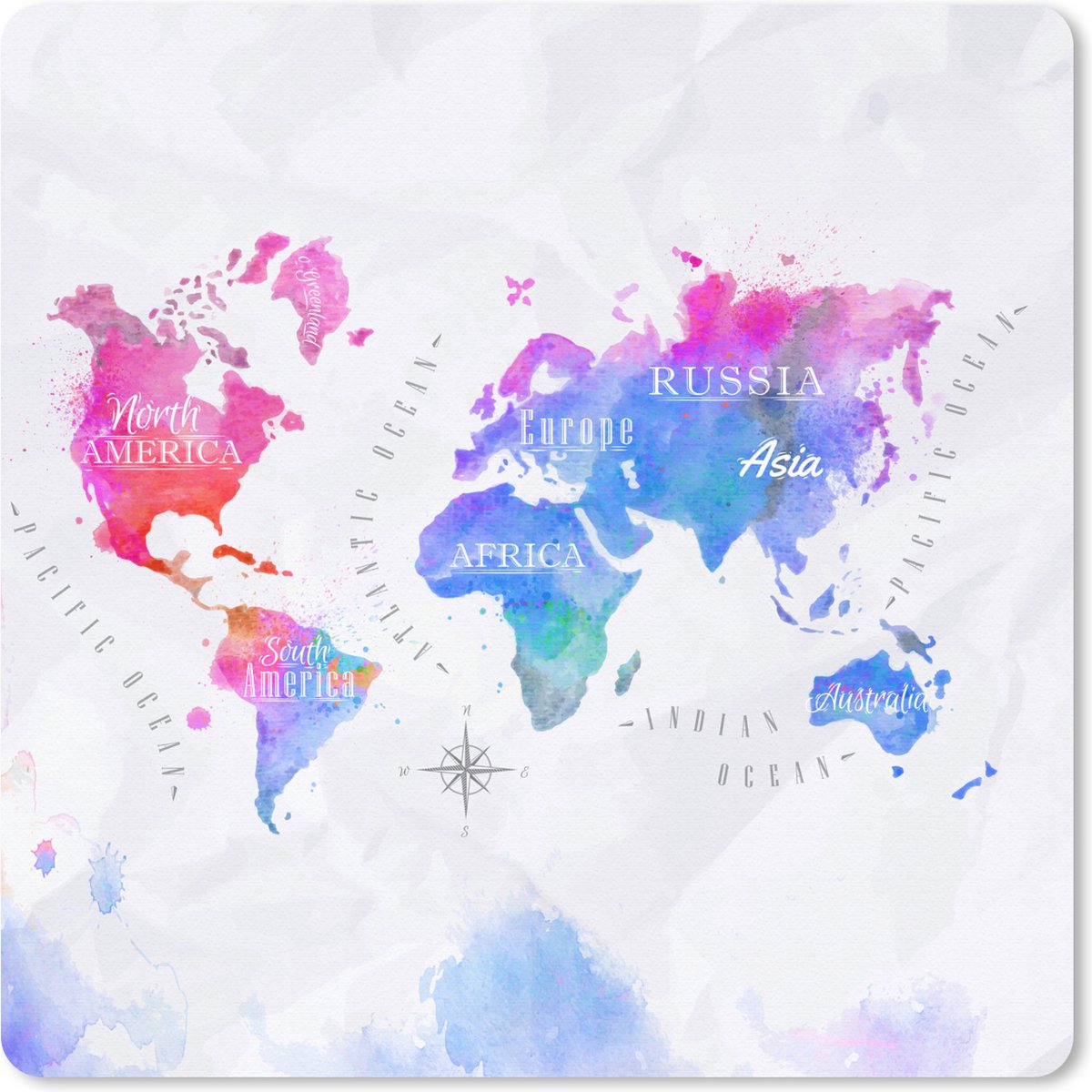 Muismat 30x30 cm - Mousepad Wereldkaart - Topografie - Waterverf - Muismatten