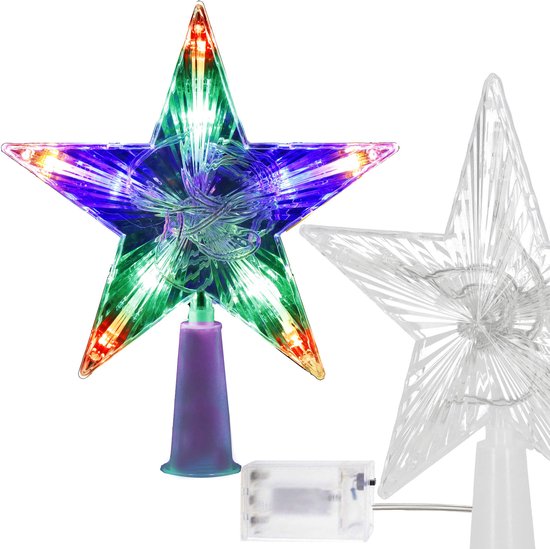 Twee kerstboom pieken, één verlicht met multicolor LED's en één doorzichtige.