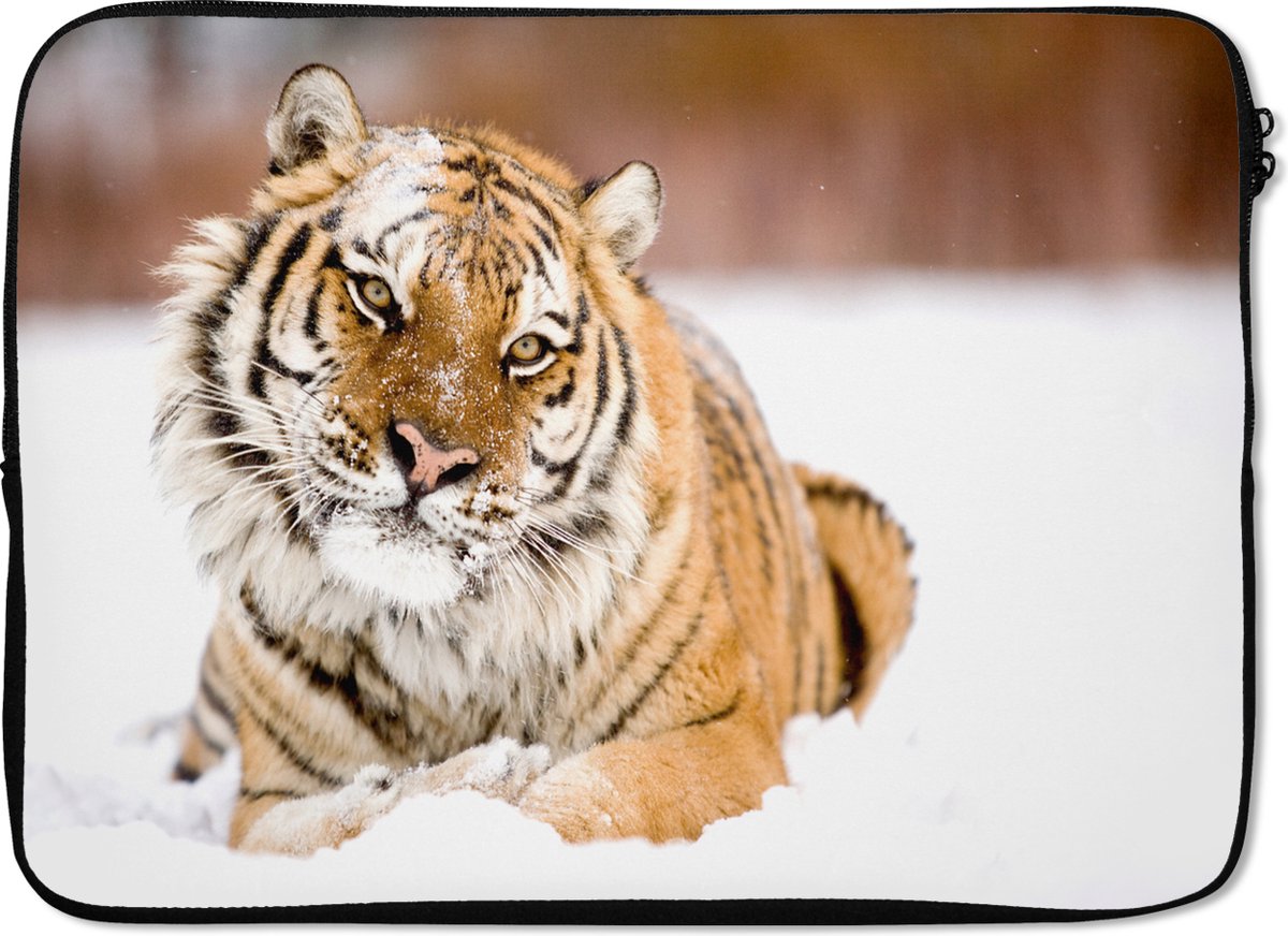 Laptophoes 13 inch - Tijger - Sneeuw - Wit - Laptop sleeve - Binnenmaat 32x22,5 cm - Zwarte achterkant