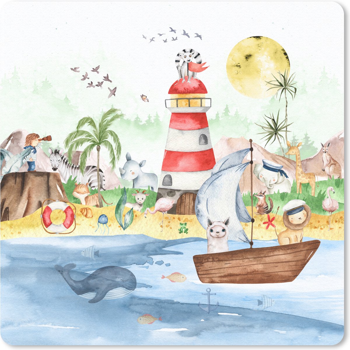 Muismat 20x20 cm - Mousepad Strand - Dieren - Kinderen - Vuurtoren - Jongens - Muismatten