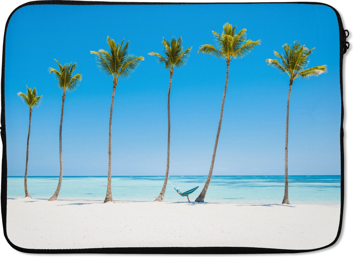 Laptophoes 14 inch - Zee - Palmbomen - Hangmat - Laptop sleeve - Binnenmaat 33x23 cm - Zwarte achterkant