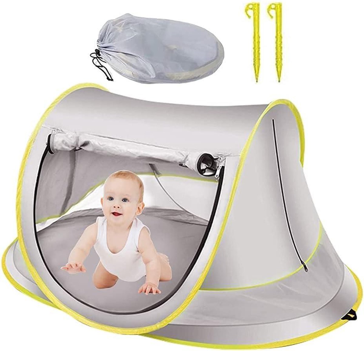 Strandschelptent voor baby's - UV-bescherming 50+ - Babyparasoltent - Opbergtas - Pop-up tent - Waterdicht - Familie strandtent - Picknick - Wit