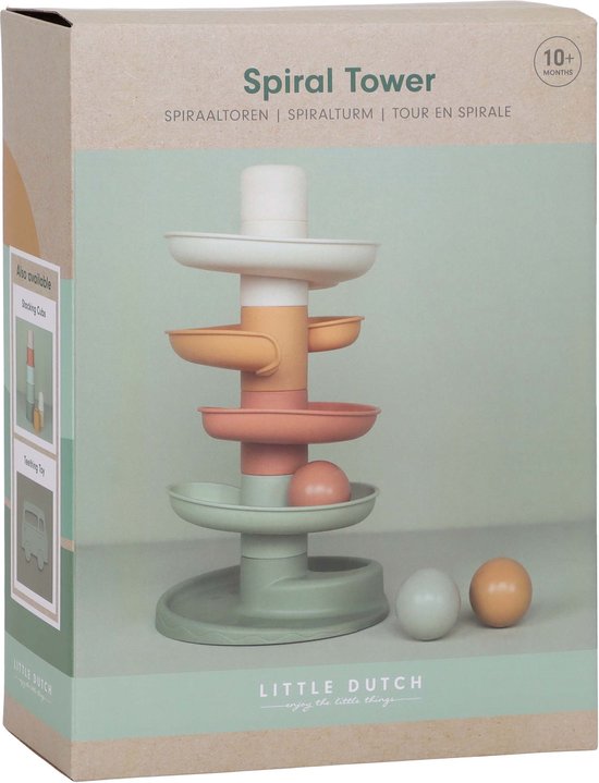 Verpakking van de Little Dutch spiraaltoren, met productafbeeldingen in pastelkleuren.