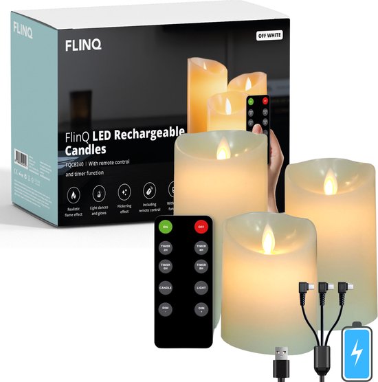 FlinQ oplaadbare LED kaarsen – bewegende vlam – 3 stuks