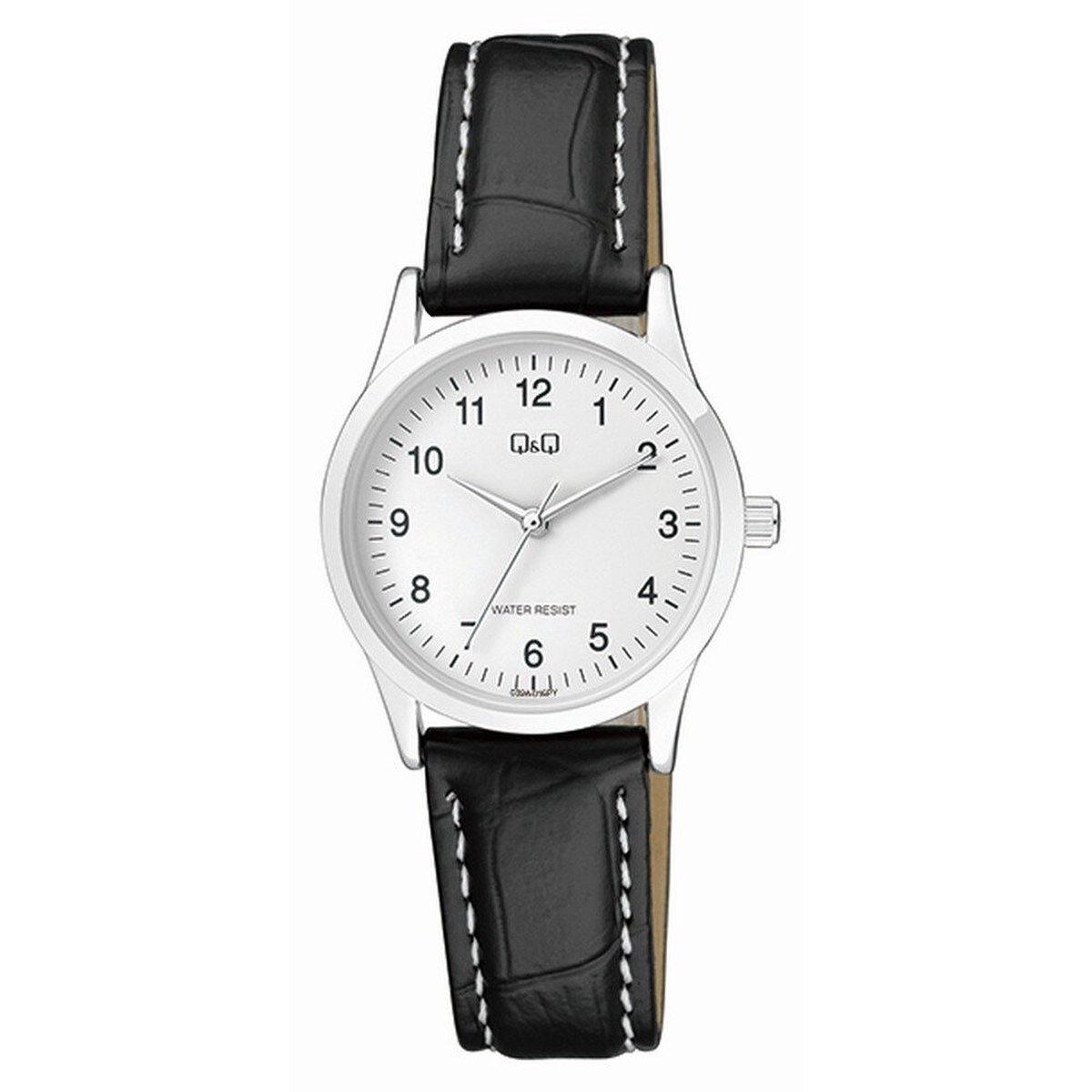 QQ C09A-016PY - Horloge - Dames - Vrouwen - Leren band - Rond - Staal - Cijfers - Zwart - Zilverkleurig - Wit