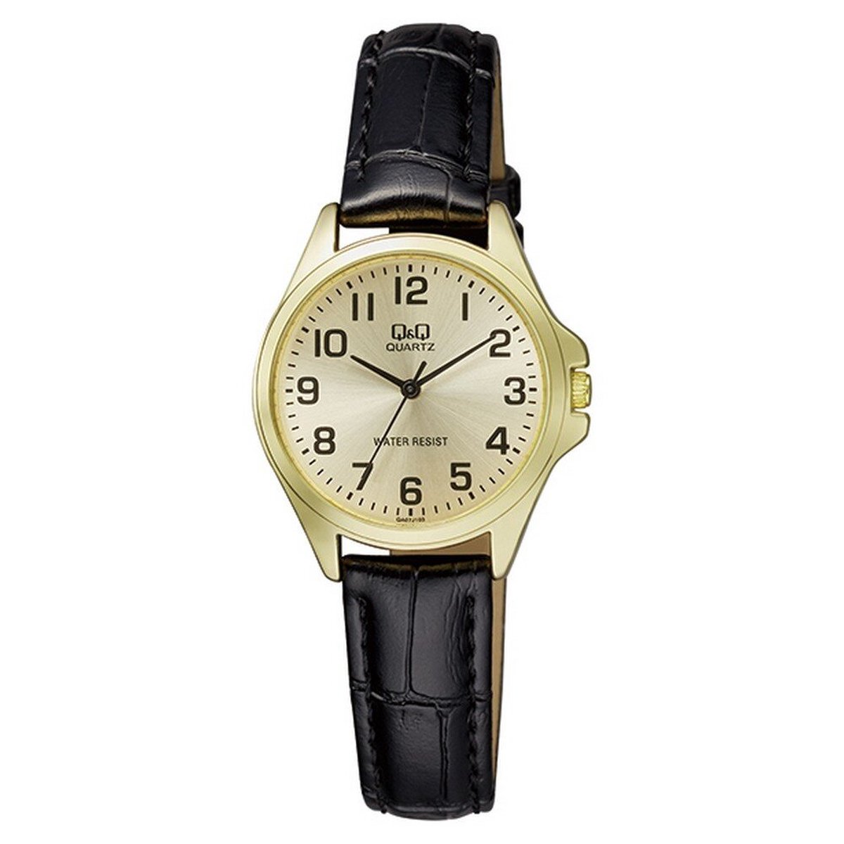 QQ QA07J103Y - Horloge - Analoog - Vrouwen - Dames - Leren band - Rond - Metaal - Cijfers - Zwart - Goudkleurig - 3 ATM