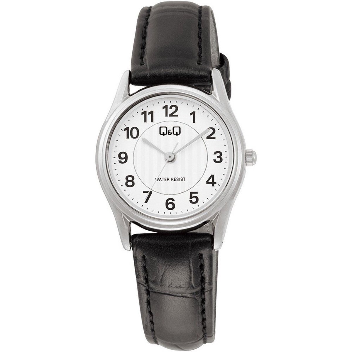 QQ C49A-001PY - Horloge - Polshorloge - Analoog - Dames - Vrouwen - Leren band - Rond - Metaal - Cijfers - Zwart - Zilverkleurig - Wit