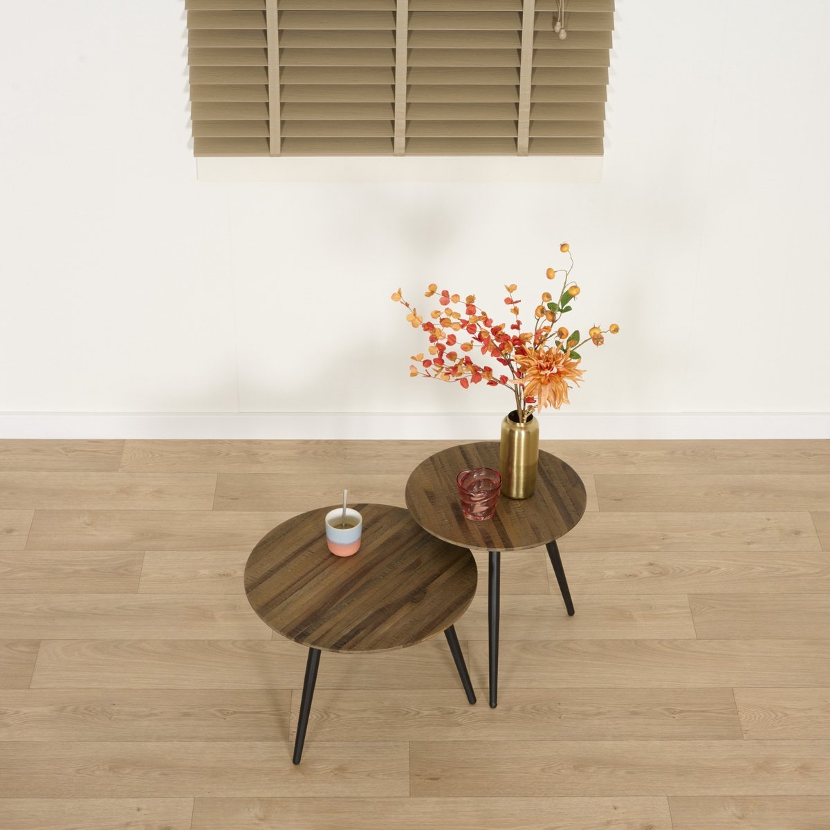 Bijzettafel Set Rocha - Hout / Metaal - Bruin / Zwart - 50x37x50 / 40x41x40 cm (BxHxD) - Ronde tafels - Gerecycled Teak