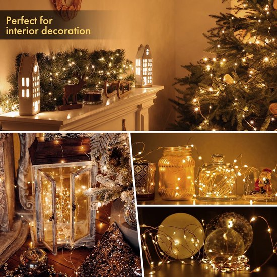 MAGGIFT Led-lichtsnoer op batterij met afstandsbediening, 10 m, 100 leds, lichtketting met timer, 8 modi, waterdicht, voor kerstdecoratie, binnen, kerstdecoratie, warmwit