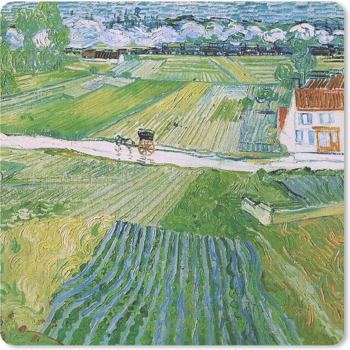 Muismat 20x20 cm - Mousepad Landschap met koets en trein - Vincent van Gogh - Muismatten