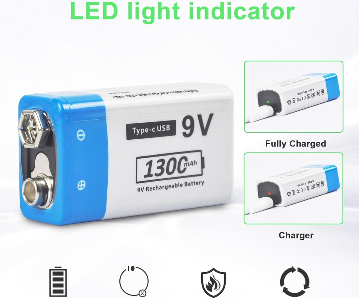 Pile 9V Rechargeable USB-C - 4,44 Wh, Charge En 4h, LED Indicatrice - Pour Détecteur De Fumée, Jouets, Radio - 6