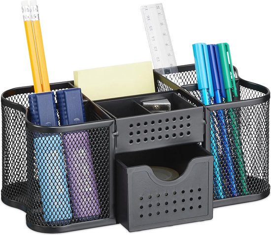 bureau-organizer-met-pennenbak-en-lade-metaal-zwart-10x23-5x11-5-cm