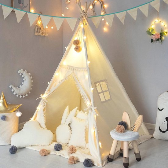 Kids tipi tent met gewatteerde mat, banner en garenbal - Beige katoenen canvas speeltent voor kinderkamer decor