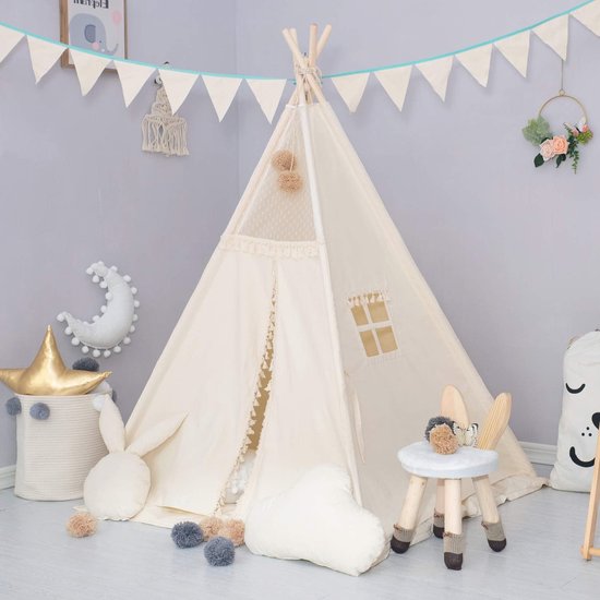Kids tipi tent met gewatteerde mat, banner en garenbal - Beige katoenen canvas speeltent voor kinderkamer decor van MoniMatt — afbeelding 5