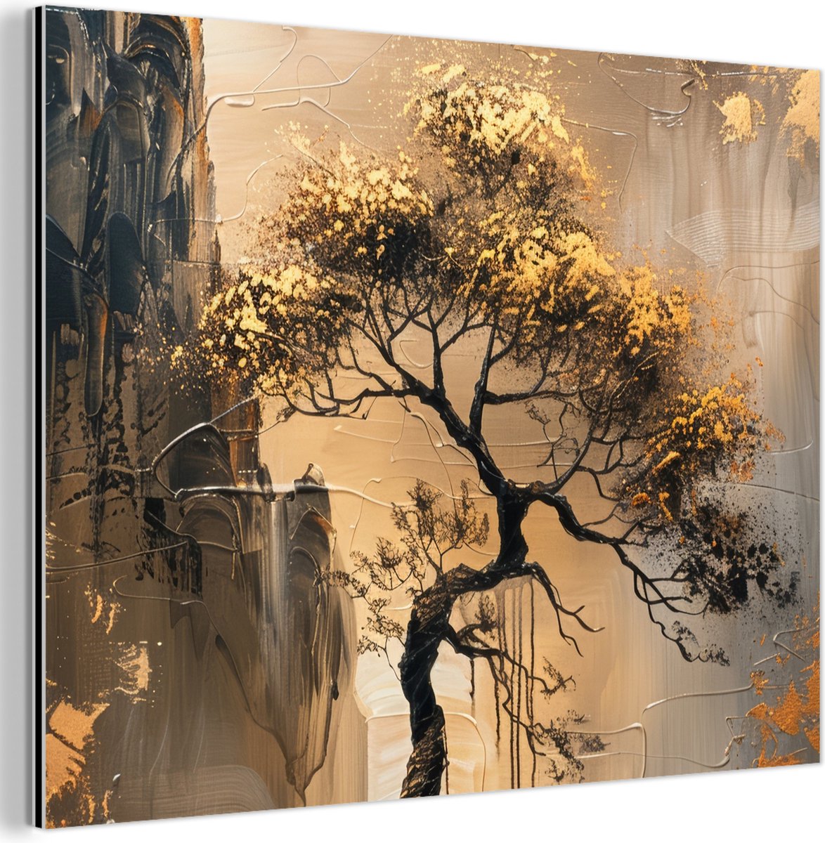 Aluminium schilderij 160x120 cm - Wanddecoratie metaal - Boom - Goud - Landschap - Verf - 
