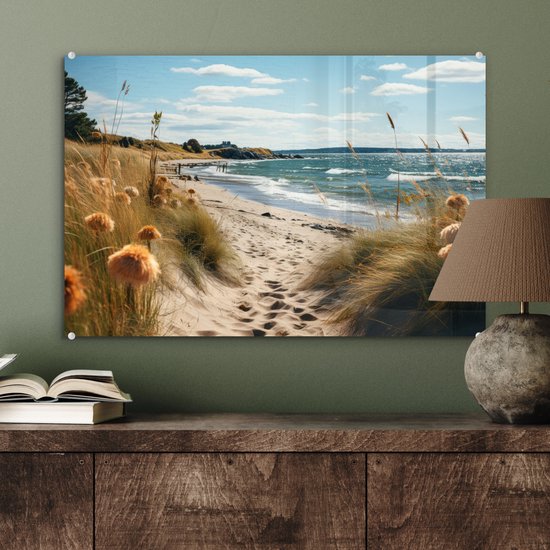MuchoWow® Glasschilderij 60x40 cm - Schilderij acrylglas - Strand - Duinen - Helmgras - Zee - Zand - Foto op glas - Muurdecoratie woonkamer - Wanddecoratie slaapkamer - Schilderijen