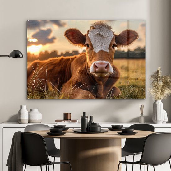 MuchoWow® Tableau sur verre 120x80 cm - Tableau sur verre acrylique - Vache - Animal - Prairie - Herbe - Animaux - Nature - Photo sur verre - Décoration murale salon - Décoration murale chambre - Peintures