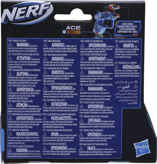 Verpakking Nerf Elite 2.0 Ace SD-1 met waarschuwingsteksten in meerdere talen.