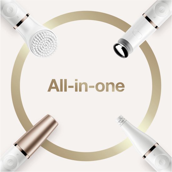 White beauty device with rose gold accents, featuring multiple attachments around the text "All-in-one".