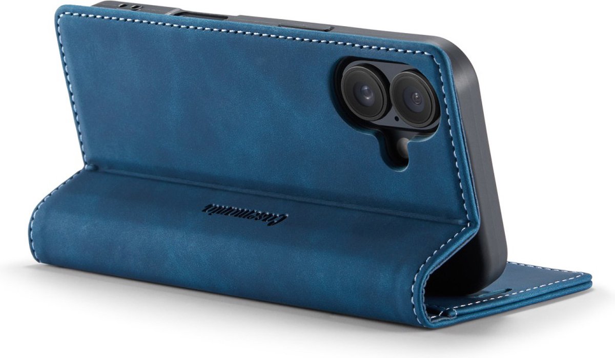 CaseMania Bookcase hoesje geschikt voor iPhone 16 Plus - Effen Donkerblauw - Kunstleer