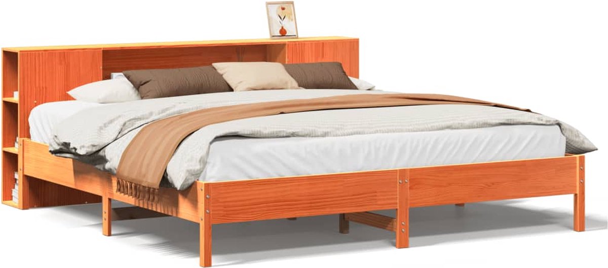 vidaXL - Bed - met - boekenkast - zonder - matras - grenenhout - wasbruin - 200x200 - cm