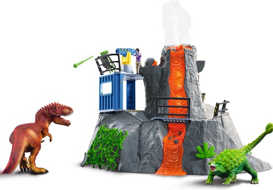 Speelgoed vulkaan met T-Rex, Ankylosaurus, wetenschapper en blauw containerstation met spuit.
