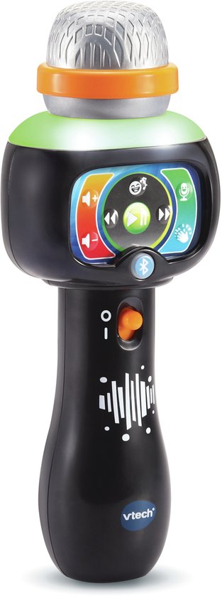 Zwarte microfoon met een doorzichtige kop, oranje ring, groen licht en een gekleurd scherm met pictogrammen.