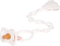Witte speen met roze rand en witte ketting met berenkopje.