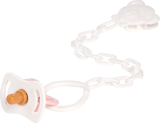 Witte speen met roze rand en witte ketting met berenkopje.