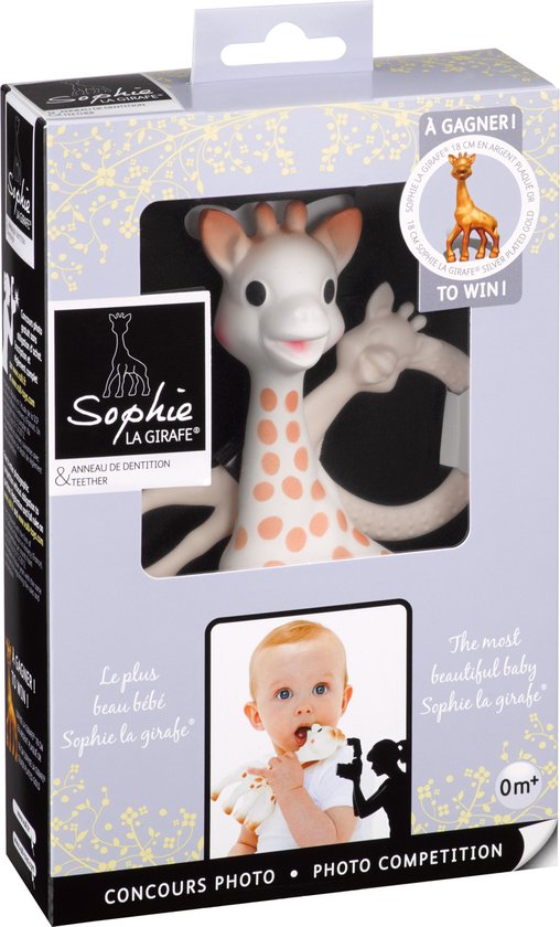 Verpakking met Sophie de Giraf, bijtring en een baby die de bijtring vasthoudt. Bevat "Le plus beau bébé Sophie la girafe".