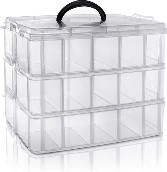 BELLE VOUS Boite de Rangement 3 Étages Empilable en Plastique Rose - Compartiments Réglables - Maximum 30 Compartiments - Boite en Plastique pour Jouets, Bijoux, Perles, Loisirs Créatifs, Outils