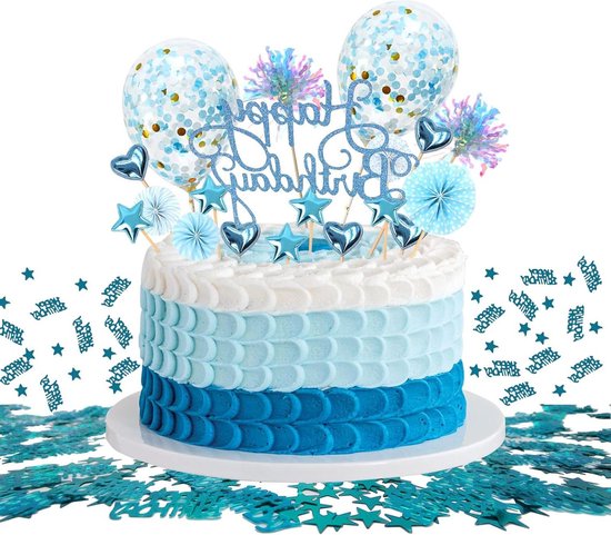 Foto: Taartdecoratie happy birthday glitter blauw sterren liefde confettiballonnen papieren waaier jongens kinderverjaardag 20 stuks taartdecoratie