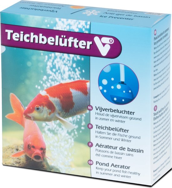 Verpakking met 'Teich belüfter' en twee vissen. Toont ook een ijzige vijver met bubbels.