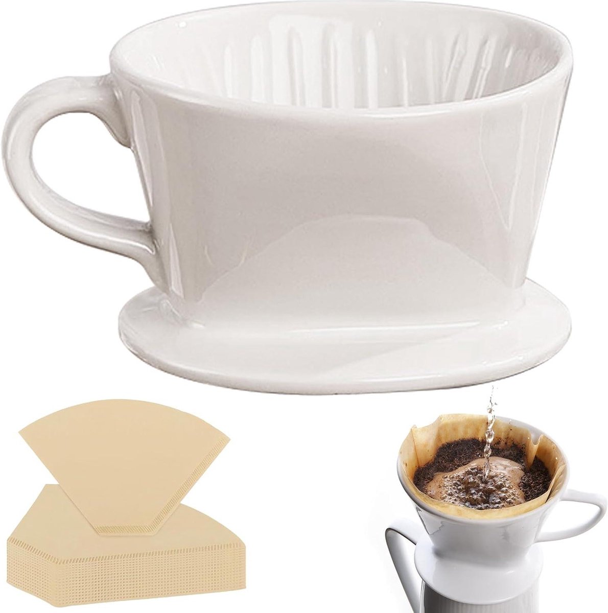 Porseleinen Koffiefilter 50 Koffiefilterpapieren Keramische Koffiefilterhouder Permanente Koffiefilter voor Thuis en Café