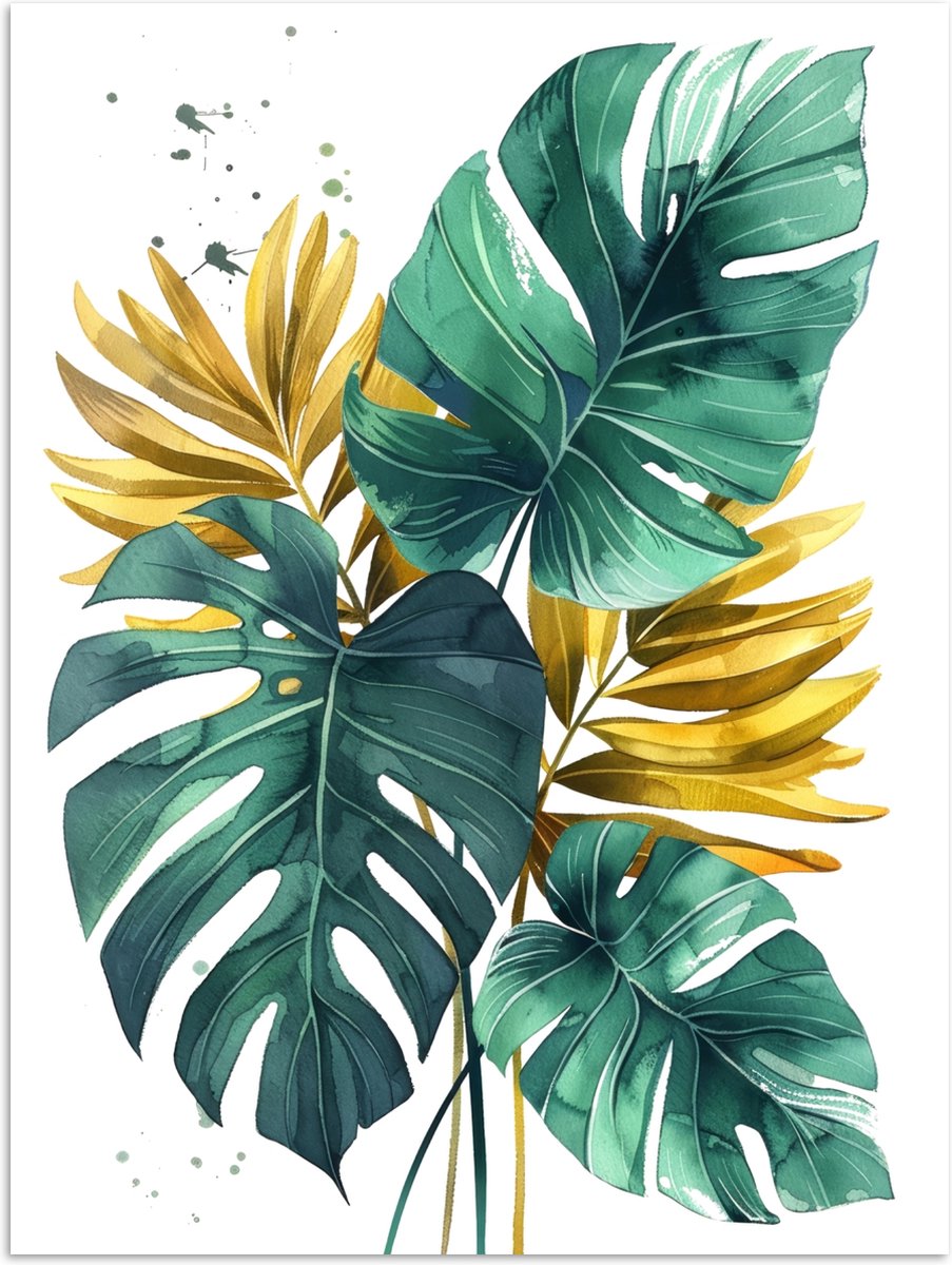 Poster 90x120 cm - Bladeren - Monstera - Groen - Goud - Modern - Posters - Wanddecoratie b