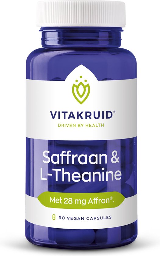 Paarse pot met witte dop, met het label 'Vitakruid Saffraan & L-Theanine met 28 mg Affron', 90 vegan capsules.