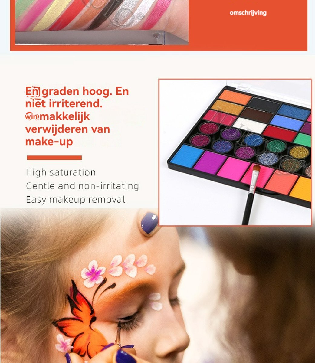 Haley familySchmink op Waterbasis met Penselen- Veilig Schminkset Kinderen - 42 Kleuren - Inclusief 10 Penselen, 6 Sjablonen& 2 diamantstickers&Glitters-Gemakkelijk schoon te maken-Face paint palette-Kinderschmink voor grimas — afbeelding 4