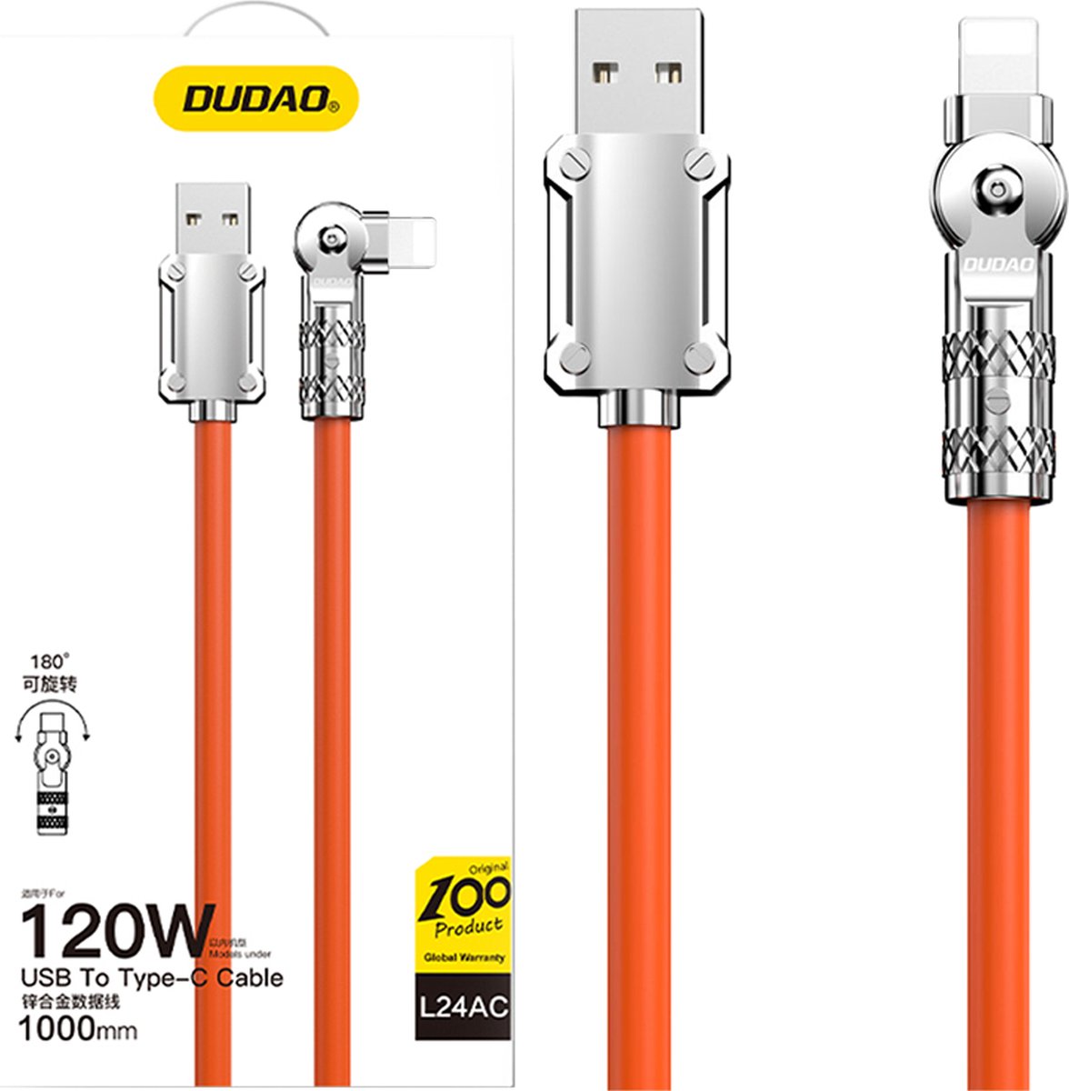 Haakse - USB-A - Lightning-kabel 30W 1m 180° rotatie Dudao - oranje
