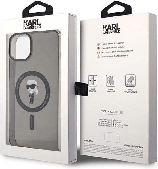 Coque rigide iPhone 15 Plus Karl Lagerfeld – Monogram Ikonik – Zwart