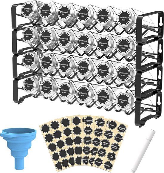AOZITA 24 Tarros/botellas De Vidrio Para Especias, Contenedores De Especias Cuadrados Vacios De 4 Oz Con Etiquetas De Especias Tapas De Coctelera Y Tapas De Metal Hermeticas Embudo Plegable De Silic 2