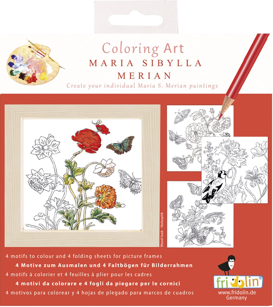Fridolin kleurset kunst kleurplaten met lijst 15x15 cm Maria Sibylla Merian.