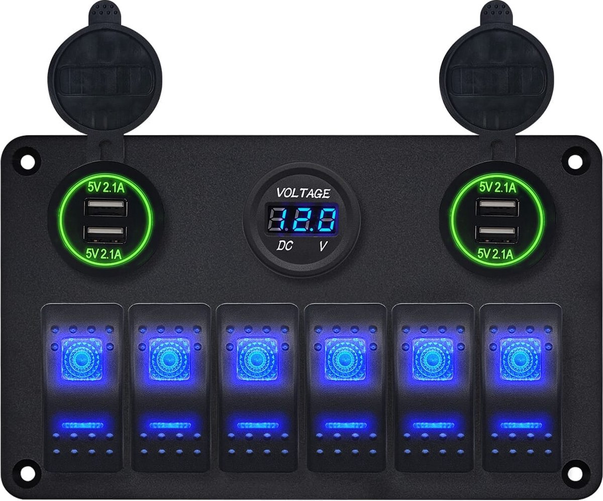 ProRide Schakelpaneel 12V voor Auto/Boot - USB Lader 4 Poorten met Voltmeter- 5V/2.1A - 6 Schakelaars